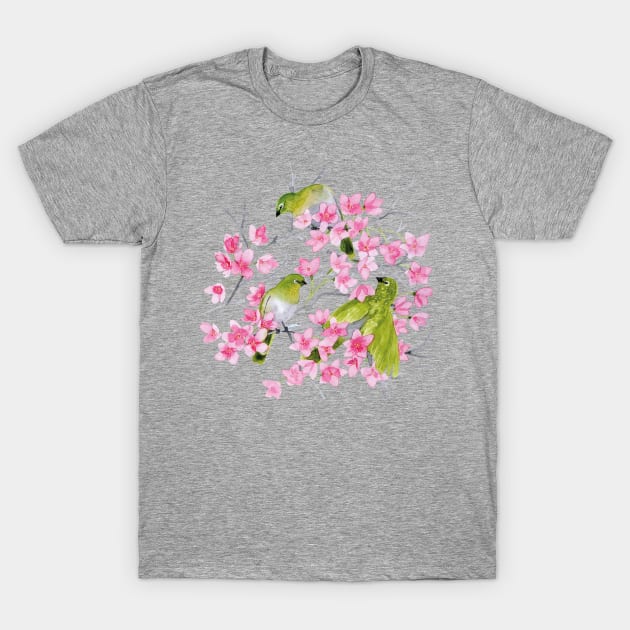 cherry blossoms & white eyed birds T-Shirt by RebeccaReckArt